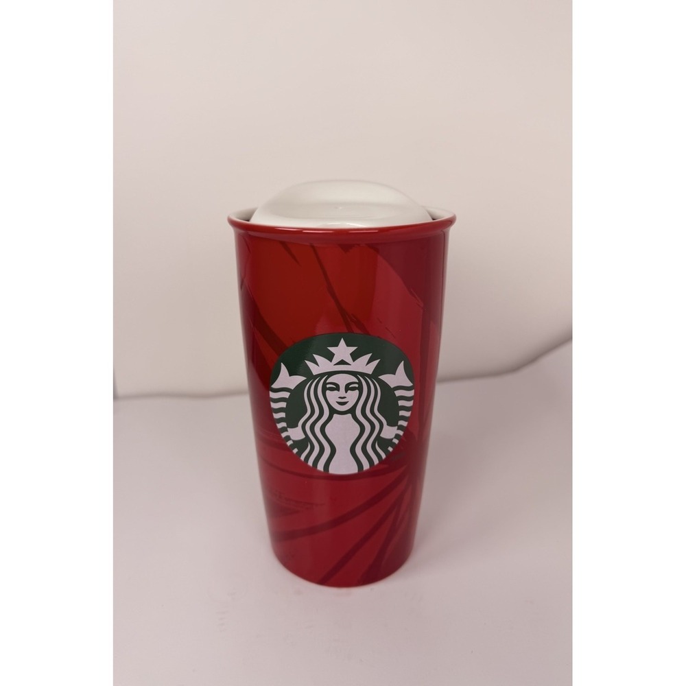 Starbucks 2014 Siren‎ 12 oz Glass Coffee Mug Red Ceramic Lid Demitasse Cup